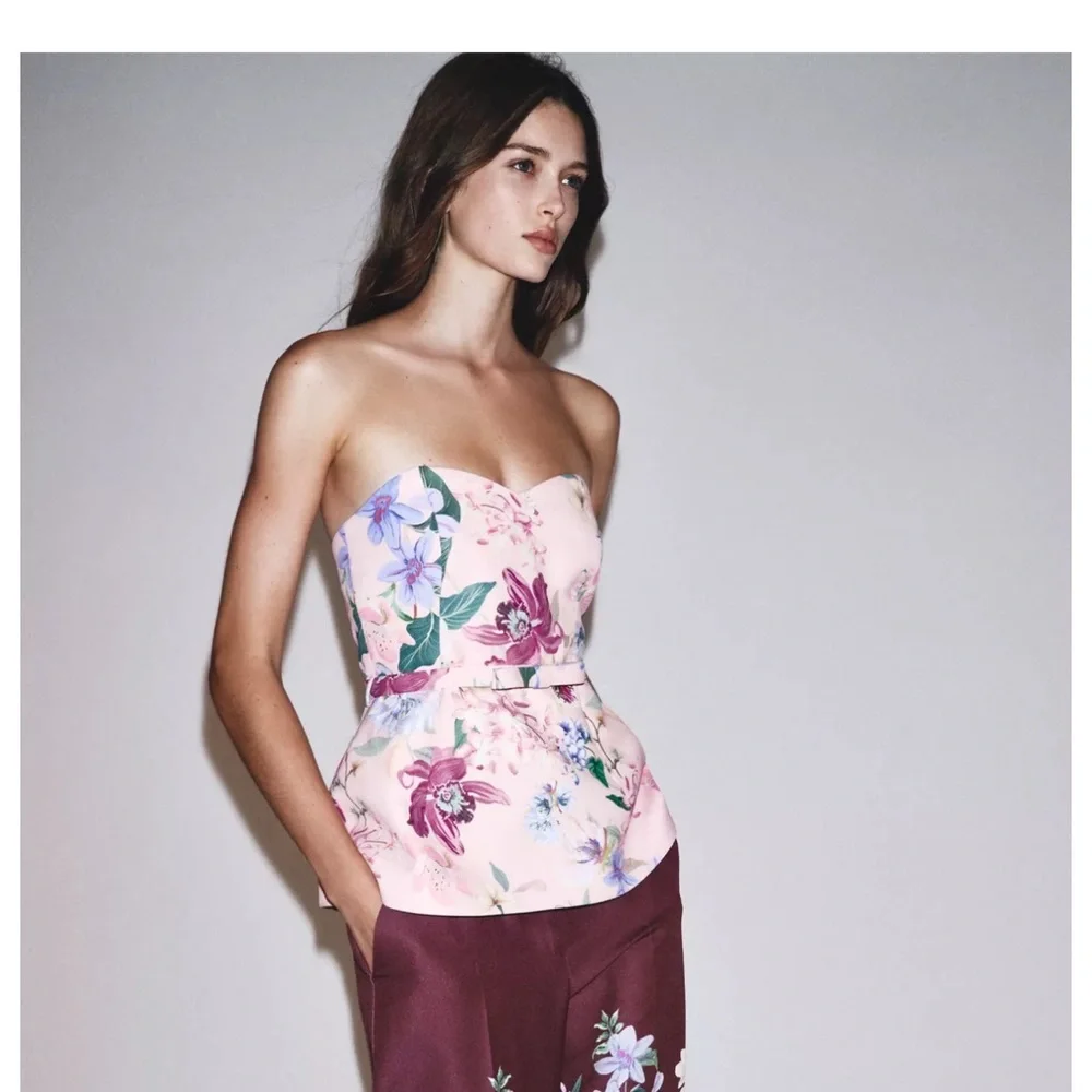 Zara Floral Sweetheart Corset Top Belted Bardot Pink NWT XS - Picture 2 of 10
